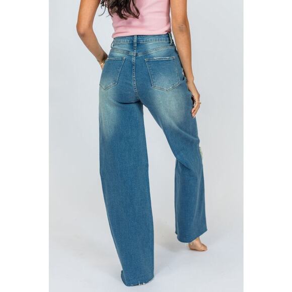 Pink Lily High Waisted Medium Wash Distressed Wide Leg Jeans Size 29 0634W - Picture 4 of 13